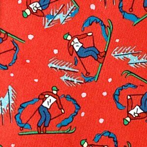 HOLIDAY HERMES TIE ~ RED w BLUE RED & GREEN DOWNHILL SKI ALPINE SKIERS TREES